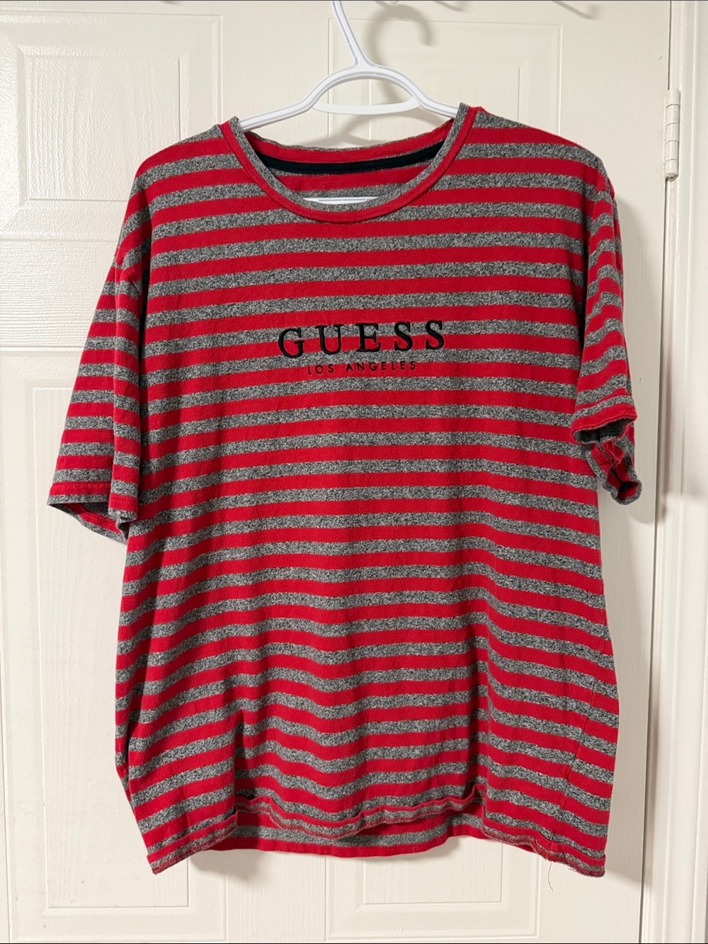 GUESS Red and Gray Striped Logo Crewneck Tee